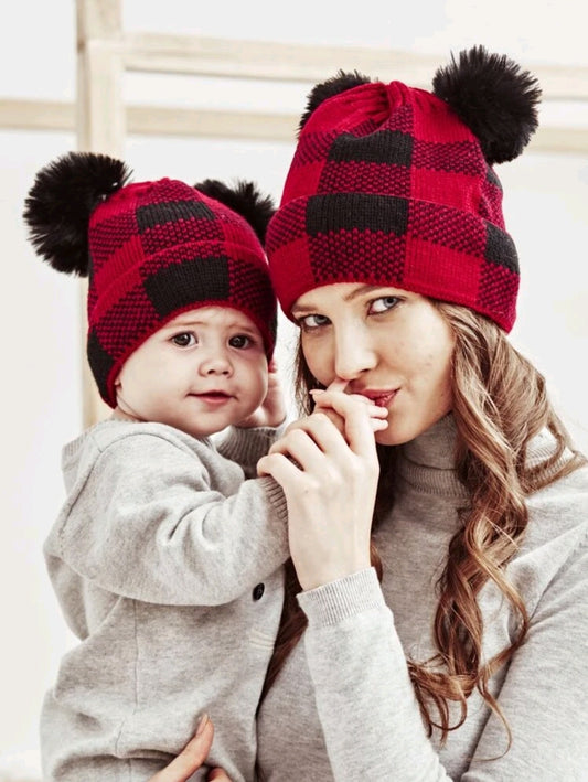 Plaid Pom pom beanie